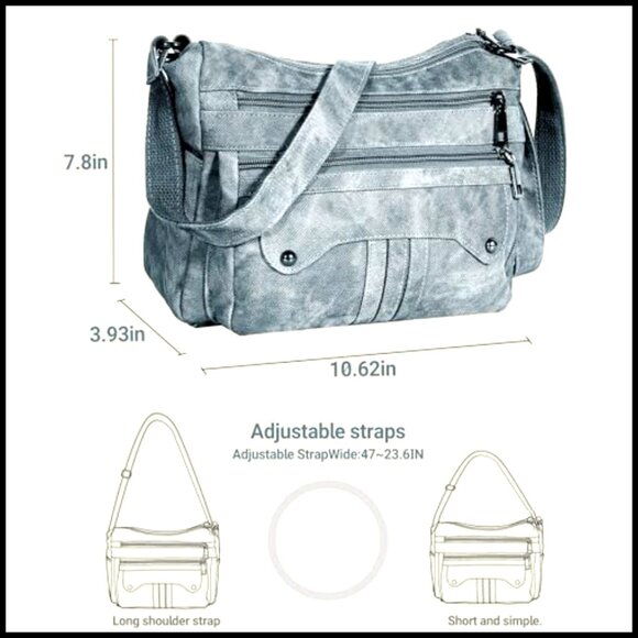 Medium Hobo Crossbody Bag Lightweight Multi Pocket Vegan Leather Adjustable - Picture 7 of 7